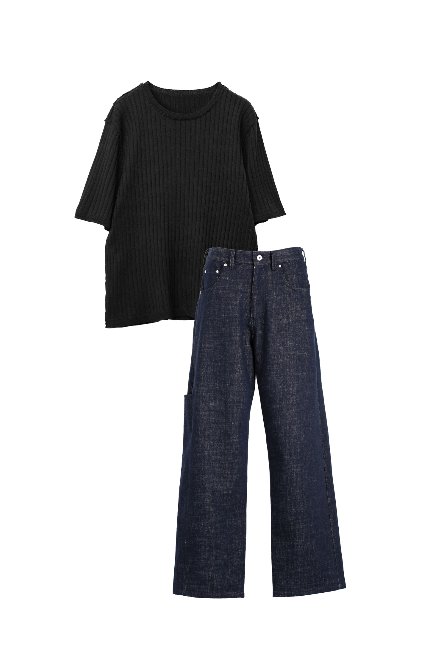 【STYLE SET】OUTLINK STRUCTURE KNIT TEE × DRIFT CUT RE-RAW DENIM PANTS