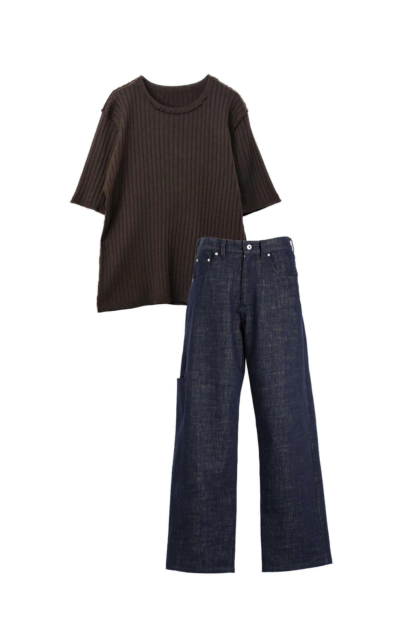 【STYLE SET】OUTLINK STRUCTURE KNIT TEE × DRIFT CUT RE-RAW DENIM PANTS